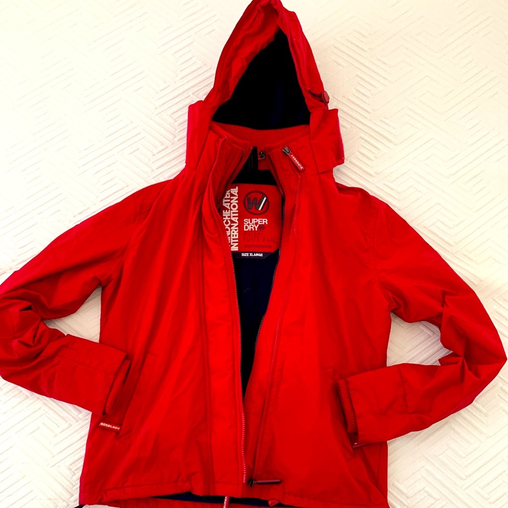 Superdry Jacket Womens Extra Large Red Windcheater Triple Zip Logo Ladies